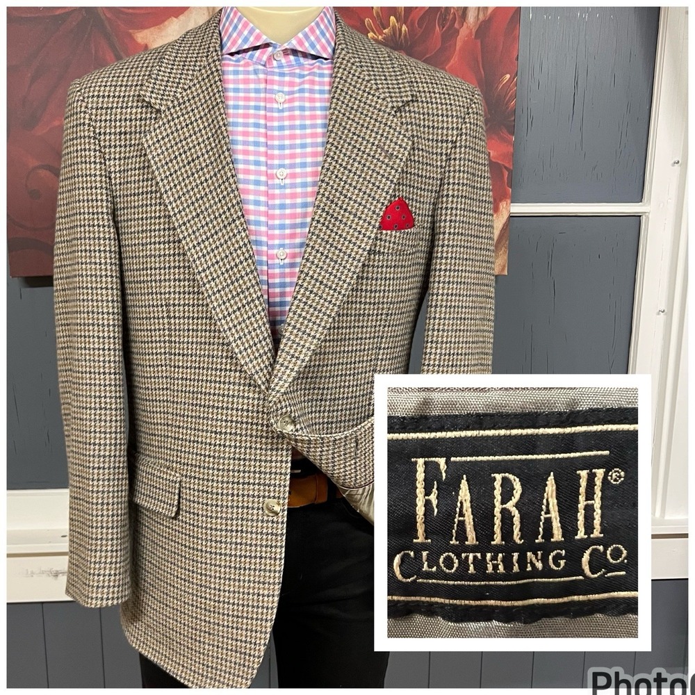 Vintage Farah Tweed Blazer Jacket Sport Coat Mens‎ 44L Long Wool Tan/Gray